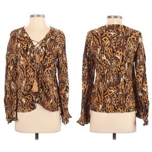 INDAH Pisces Lace Up Bell Sleeve Animal Print Top